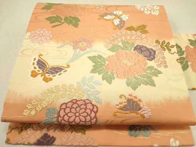 平和屋着物●九寸名古屋帯 唐織 舞蝶花文 金糸 正絹 op