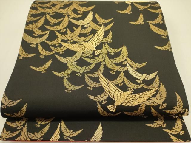 平和屋着物○染色作家 斉藤三才 六通柄袋帯 三才鳥 黒地 金糸 正絹