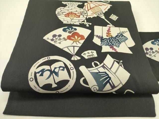 平和屋着物●九寸名古屋帯 型染 器物花文 鬼しぼ縮緬 正絹 ♥ op