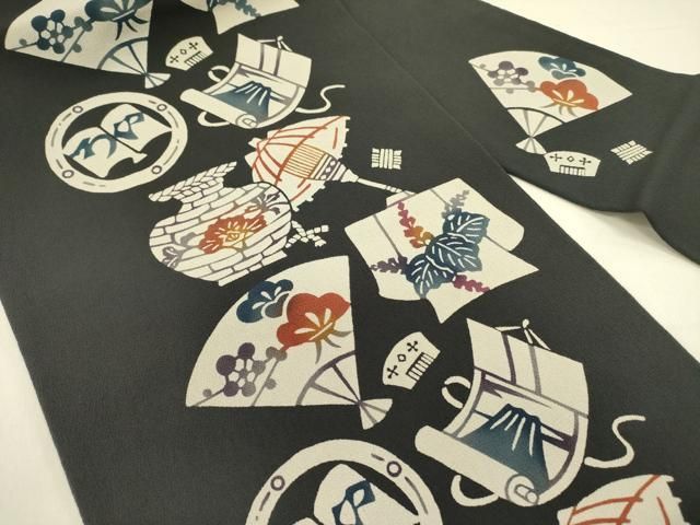 平和屋着物●九寸名古屋帯 型染 器物花文 鬼しぼ縮緬 正絹 ♥ op