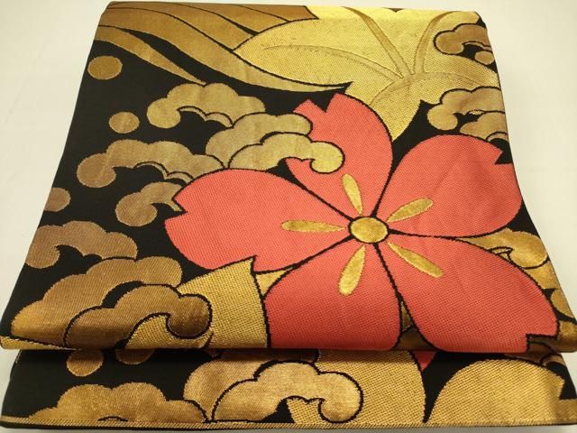 平和屋着物○織物一筋名門 織悦 全通柄 本袋帯 立波花文 黒地 金糸