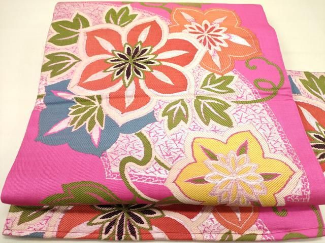 平和屋着物●アンティーク 大正ロマン 九寸名古屋帯 唐織 花唐草文 銀糸 正絹 op