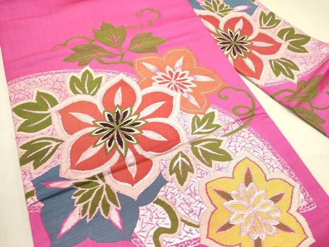 平和屋着物●アンティーク 大正ロマン 九寸名古屋帯 唐織 花唐草文 銀糸 正絹 op