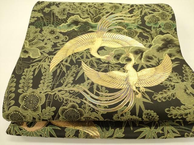 平和屋着物●アンティーク 大正ロマン 丸帯 鳳凰花文 黒地 金糸 引き抜き帯 正絹 ♥ op