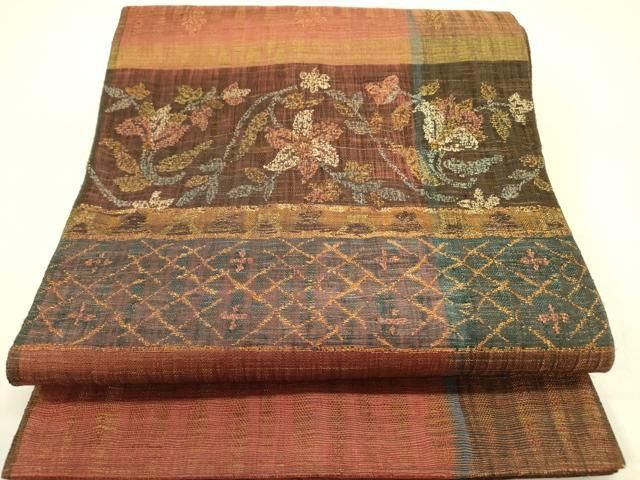 平和屋着物▽西陣 老舗 渡文謹製 手織 すくひ 太鼓柄袋帯 スリー