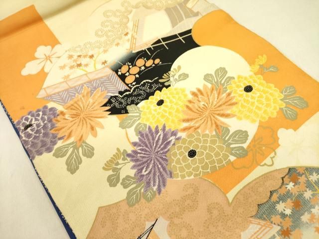 平和屋着物●アンティーク 大正ロマン 両面 六通柄京袋帯 刺繍 風景花文 引き抜き帯 金彩 正絹 op