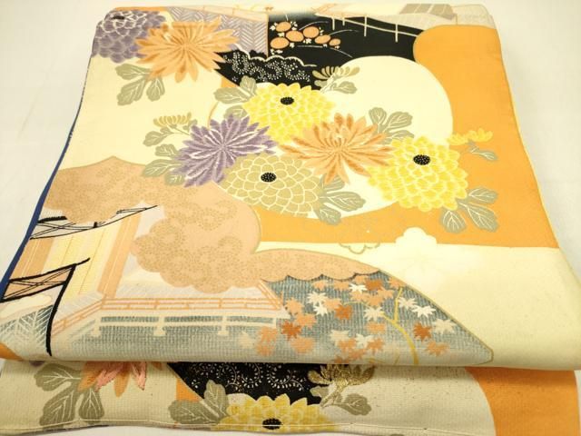 平和屋着物●アンティーク 大正ロマン 両面 六通柄京袋帯 刺繍 風景花文 引き抜き帯 金彩 正絹 op