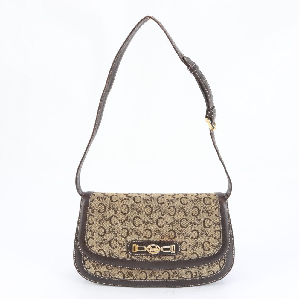 セリーヌ サルキー 馬車金具 レザー キャンバス ショルダーバッグ 肩掛け ハンド 本革 ブラウン 茶色 レディース EWM DH 19-9