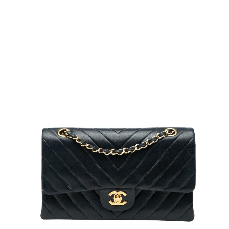 シャネル シェブロン Vステッチ ココマーク Wフラップ Wチェーン ブラック ゴールド金具 ラムスキン レディース CHANEL 1-0234664