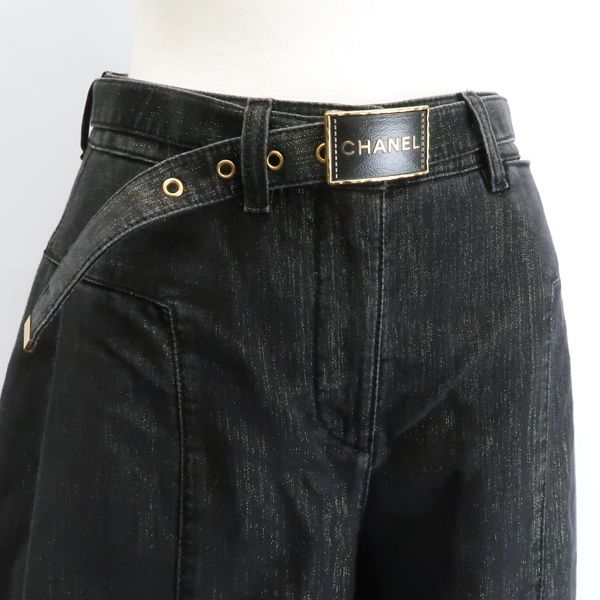 CHANEL デニム ワイドパンツ P74945 V66450 ベルト付 ブラック ラメ