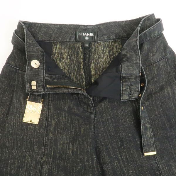 CHANEL デニム ワイドパンツ P74945 V66450 ベルト付 ブラック ラメ