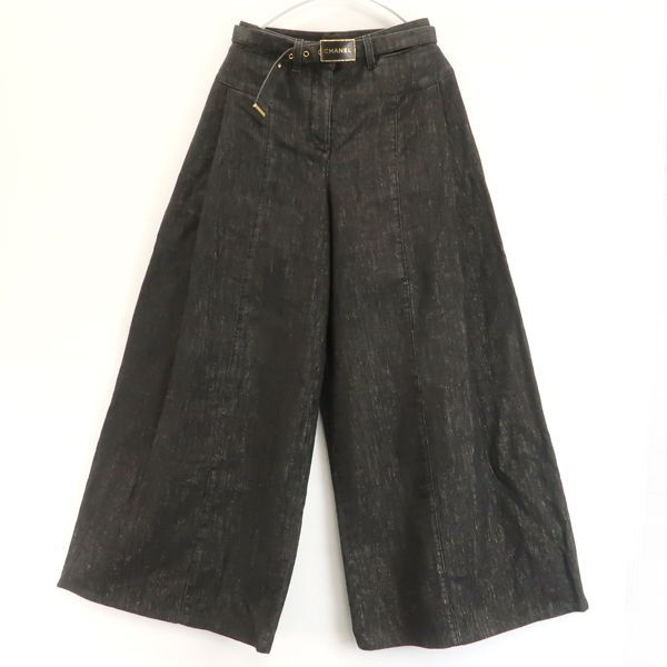 CHANELサイズ34専用出品 CHANEL デニム ワイドパンツ P74945 V66450 ベルト付 ブラック ラメ