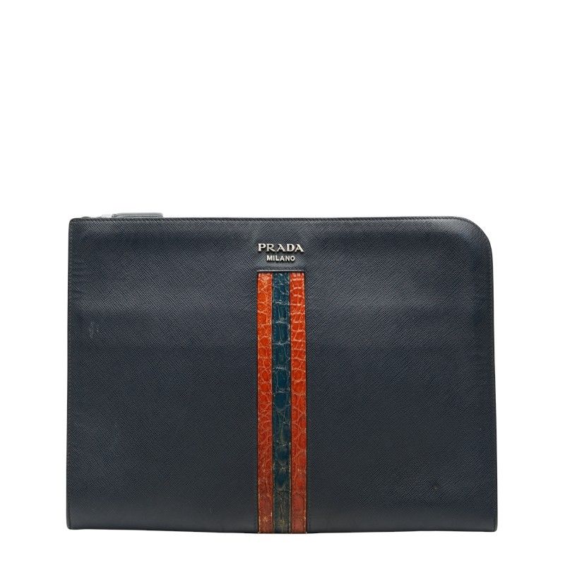 プラダ ドキュメントケース 2 VN 003 ネイビー オレンジ ブルー サフィアーノレザー メンズ PRADA 1-0249926