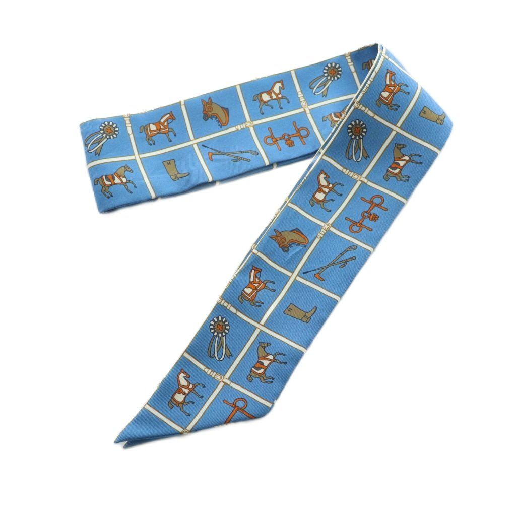 エルメス HERMES Couvertures et Tenues de Jour ツイリー スカーフ シルク 総柄 青 |MI OS OH