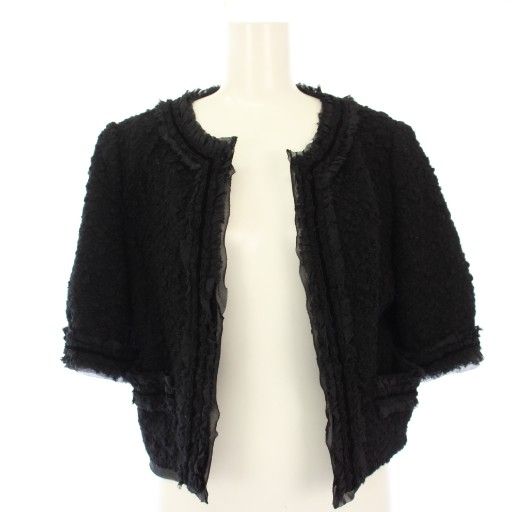 フォクシー FOXEY ノーカラージャケット ツイード 半袖 40 黒 28742