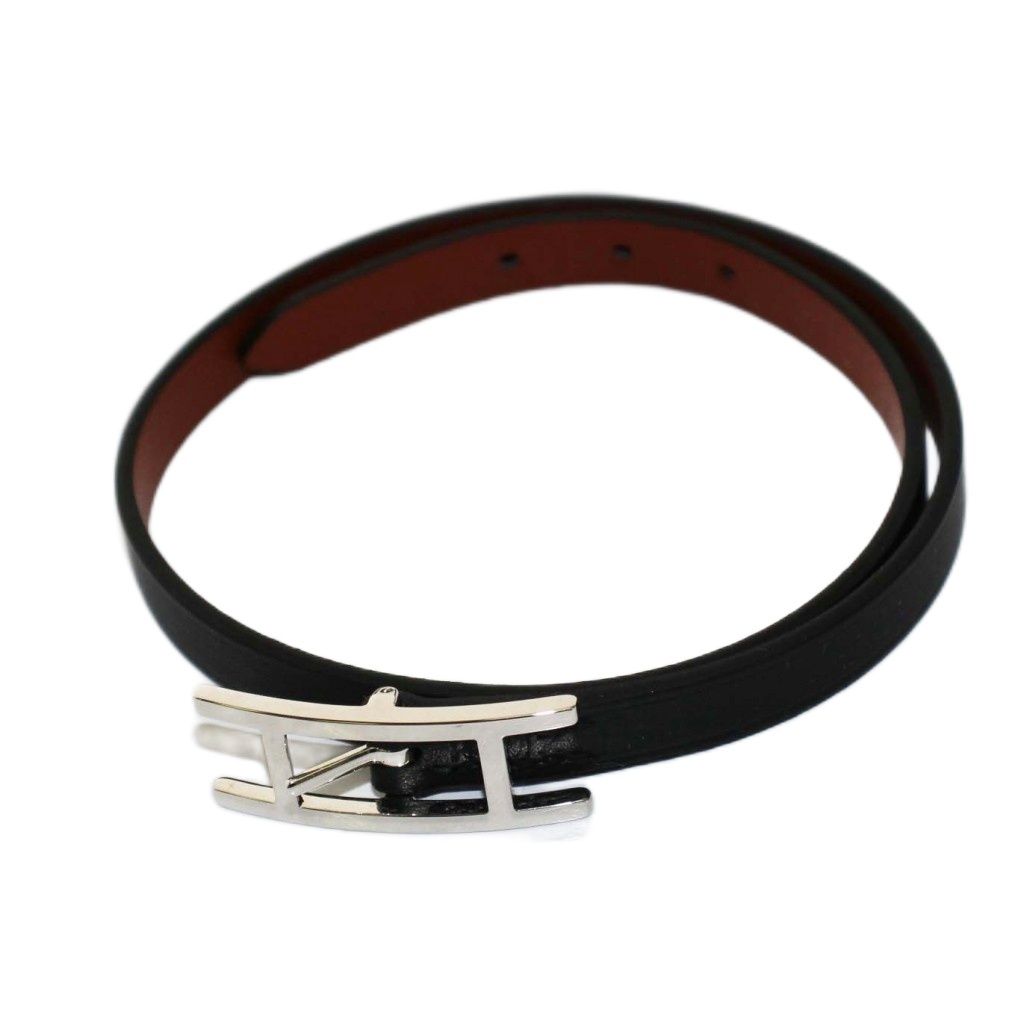 エルメス HERMES ビーアピ ドゥブルトゥール T 2 ブレスレット レザー 黒 シルバーカラー 刻印K |KH