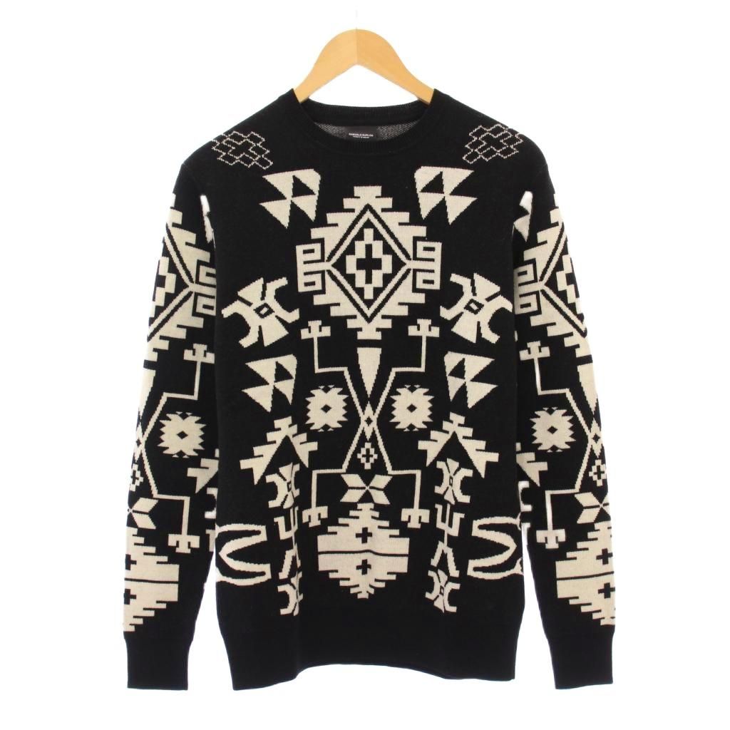 マルセロバーロン マルセロブロン MARCELO BURLON ニット セーター 長袖 クルーネック ストレッチ バイカラー 総柄 XS 黒 ブラック 白 ホワイト |BB