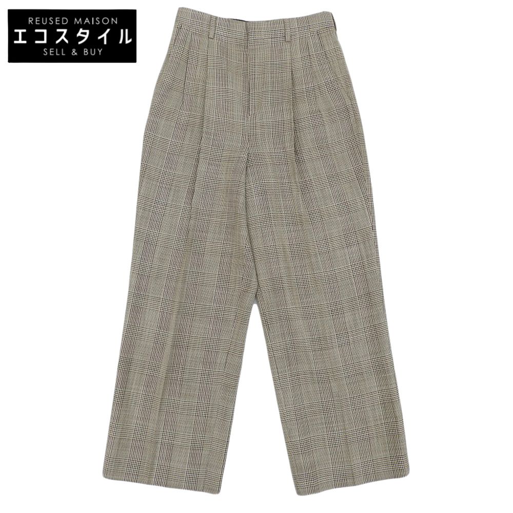 CELINE セリーヌ グレンチェック ウールシルク タックワイドパンツ ボトムス レディース ブラウン ―
