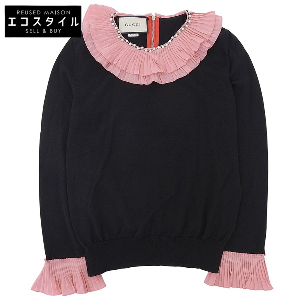 GUCCI グッチ ウール プリーツ ラッフル ニット トップス レディース ブラック×ピンク M 472455