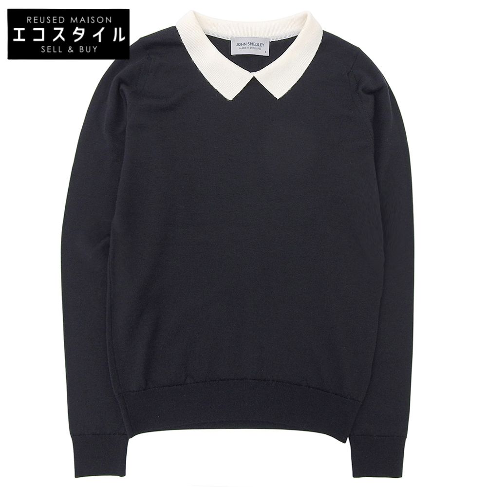 JOHN SMEDLEY ジョンスメドレー メリノウール バイカラー クレリックニットポロ 長袖トップス レディース ブラック×アイボリー S