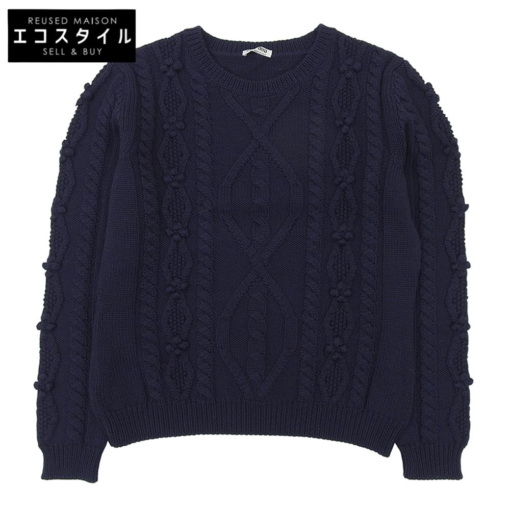 MIUMIU ミュウミュウ ヴァージンウール クルーネック ケーブルニット プルオーバー トップス レディース ネイビー 38 MMN 893 1 LYY
