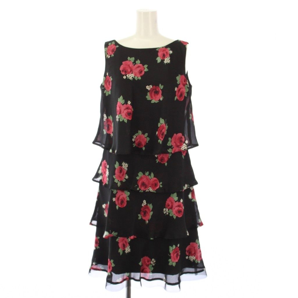エムズグレイシー M S GRACY ティアードワンピース ひざ丈 ノースリーブ ボートネック 花柄 薔薇柄 柄 38 黒 ブラック ピンク |BB