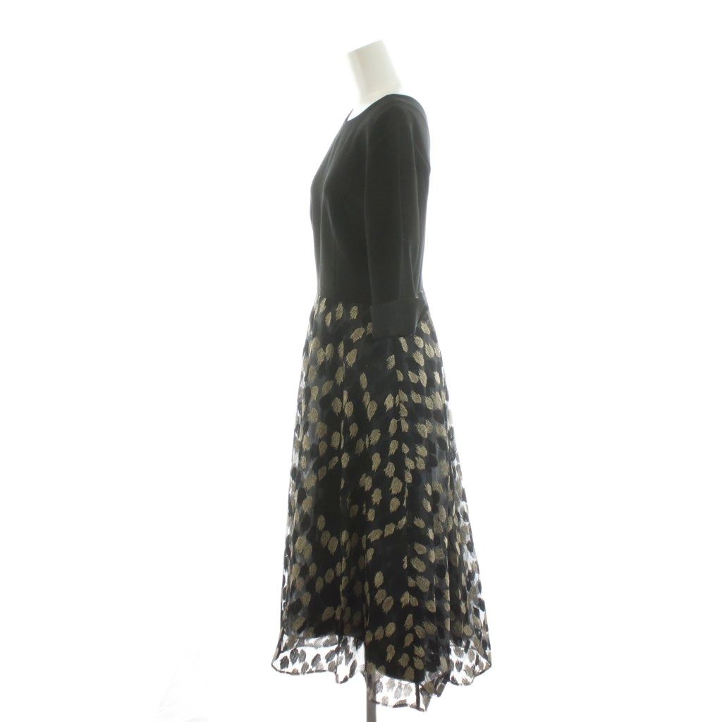 グレースクラス GRACE Class ラメチュールコンビドレス ワンピース ミモレ ロング 総柄 5分袖 36 ゴールド色 黒 ブラック |AN 41