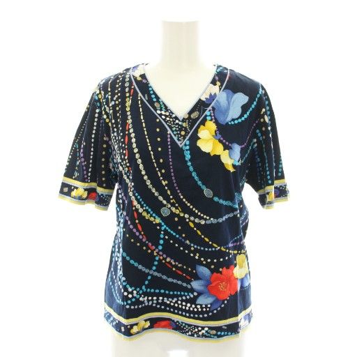 【未使用】 LEONARD レオナール ネイビー ドット 花柄 カットソー 40 レオナール LEONARD ファッション FASHION カットソー ブラウス V