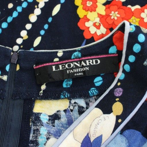 LEONARD】美品レオナール 総柄 半袖カットソー 花柄 微光沢 ネイビーM