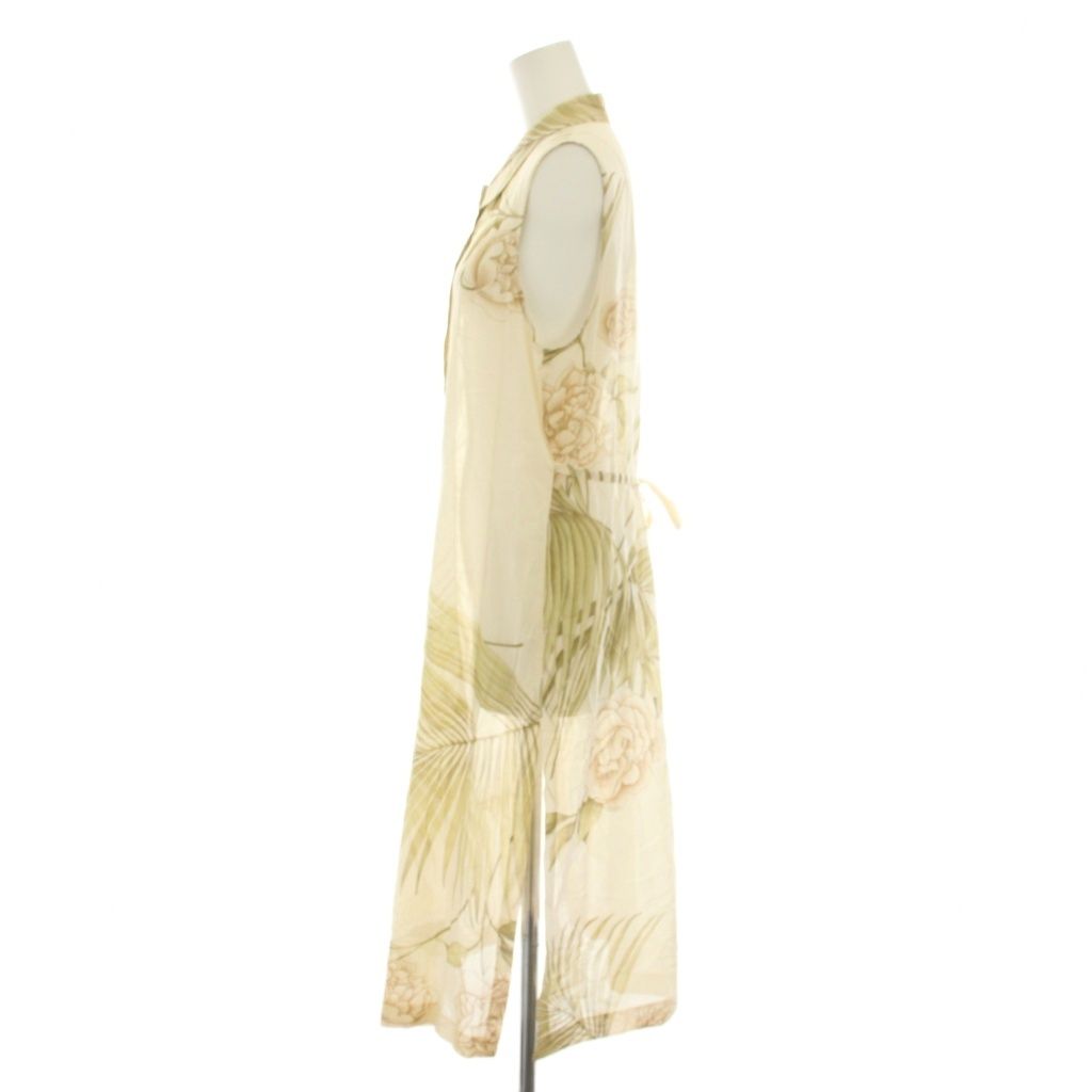 レオナール LEONARD ファッション FASHION シャツワンピース ロング ノースリーブ シアー 花柄 リボン 11 R ベージュ 0335236 |YT