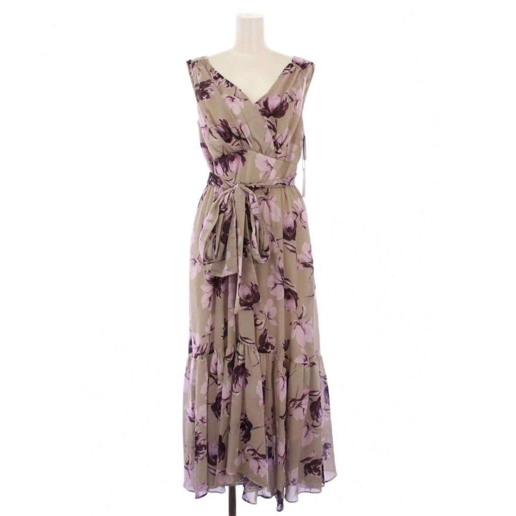 ハーリップトゥ Her lip to 24 SS Anemone Cache-Coeur Long Dress アネモネカシュクールロングワンピース マキシ ロング ノースリーブ Vネック 花柄 M ベージュ 紫 パープル タグ付き |BB