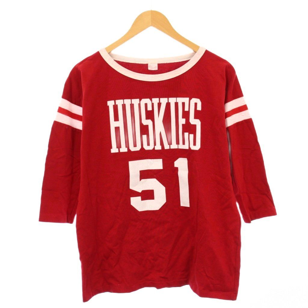 アパルトモン ドゥーズィエムクラス L Appartement DEUXIEME CLASSE STAMMBAUM HUSKIES T-SHIRT Tシャツ カットソー 七分袖 クルーネック ストレッチ ロゴ プリント バイカラー F 赤 レッド 白