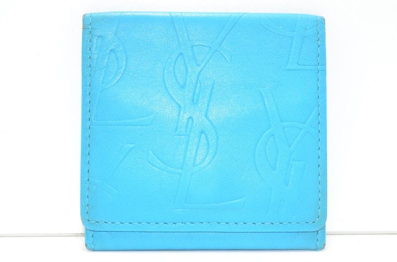 Yves Saint Laurent　二つ折り財布　レザー　ターコイズブルー 送料無料】 イヴ・サンローラン YVES SAINT LAURENT 二つ折り財布