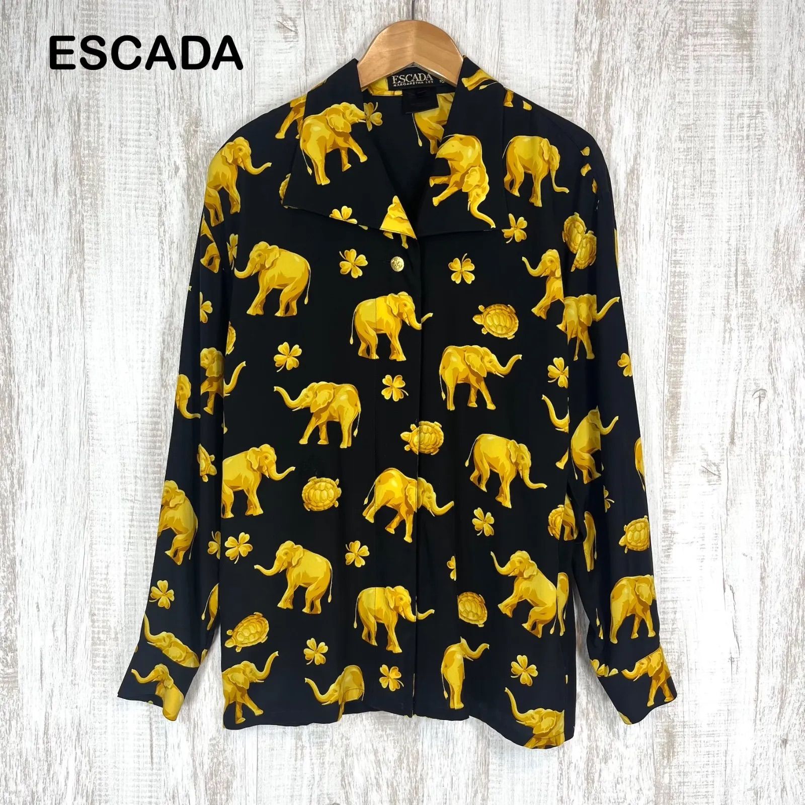 ESCADA エスカーダ ヴィンテージ ゾウ クローバー 総柄 金ボタン シルク100% 長袖 シャツ ブラウス ブラック