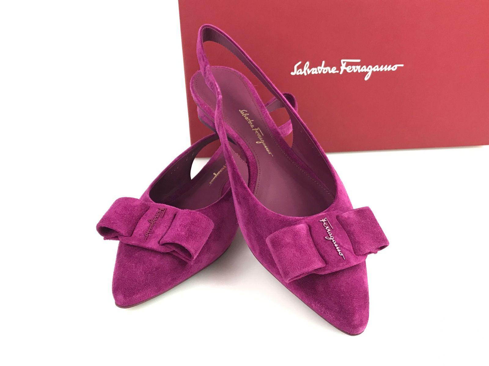 ♥ サルヴァトーレ フェラガモ Ferragamo VIVA パンプス バックストラップ スエード パープル 6 D 23.3 cm位 ヒール高2.0 cm 匿名配送