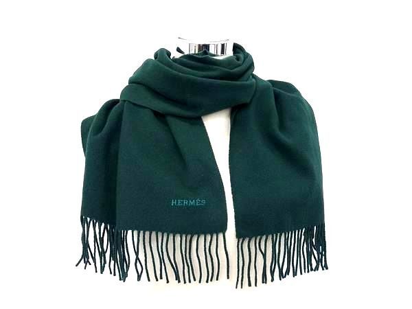 HERMES エルメス マフラー グリーン カシミヤ100％ ユニセックス フリンジ ロゴ 刺繍
