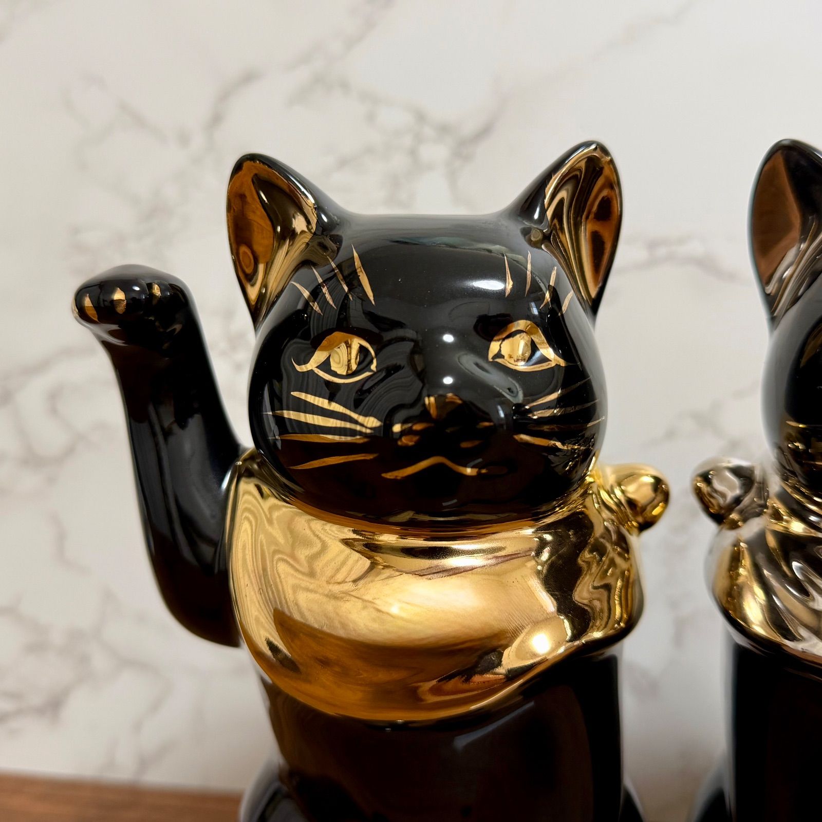 瀬戸焼】招き猫 江戸猫 ブラック 金 プラチナ 左右 セット18cm 縁起物