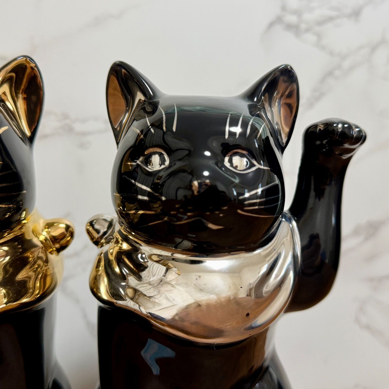瀬戸焼】招き猫 江戸猫 ブラック 金 プラチナ 左右 セット18cm 縁起物