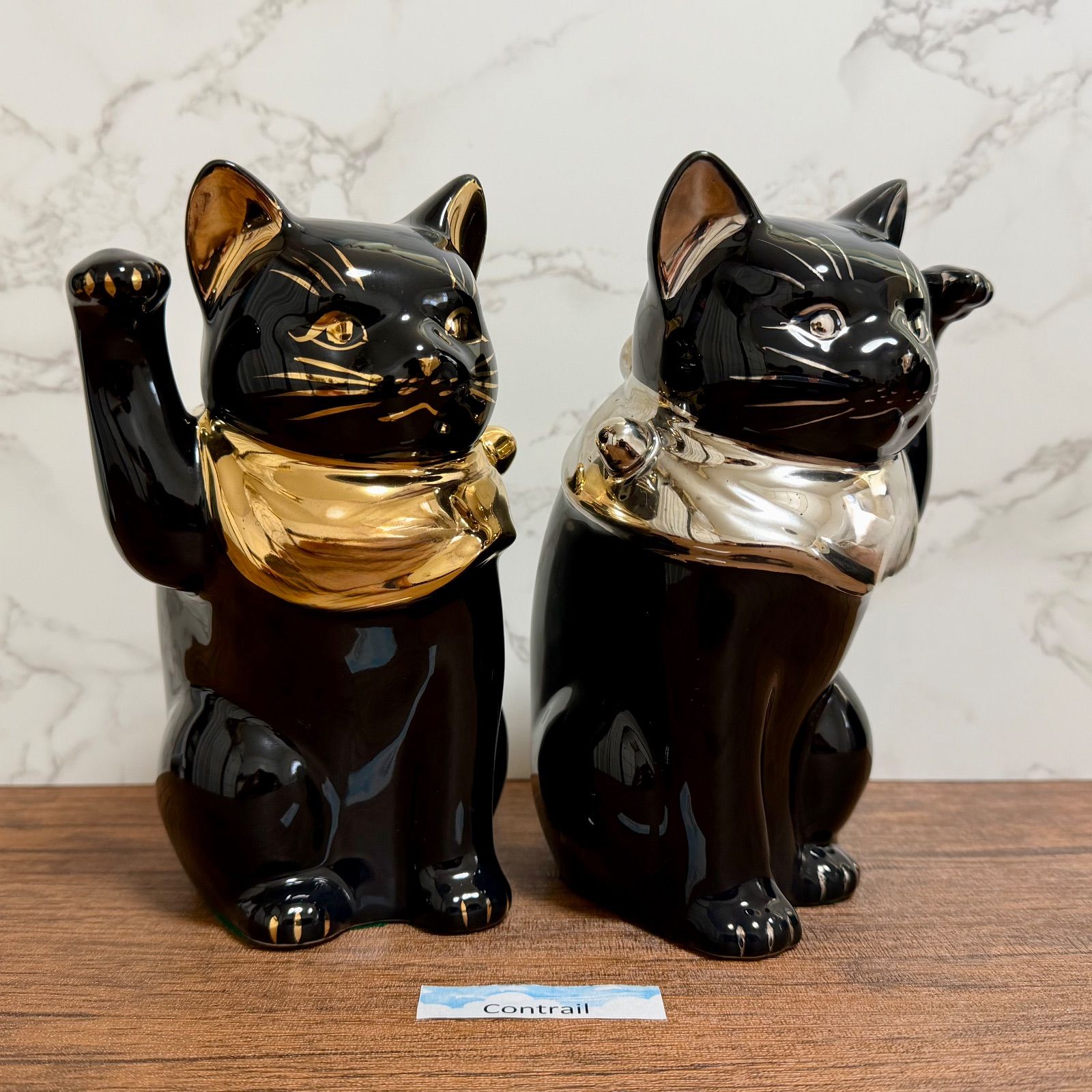 瀬戸焼】招き猫 江戸猫 ブラック 金 プラチナ 左右 セット18cm 縁起物