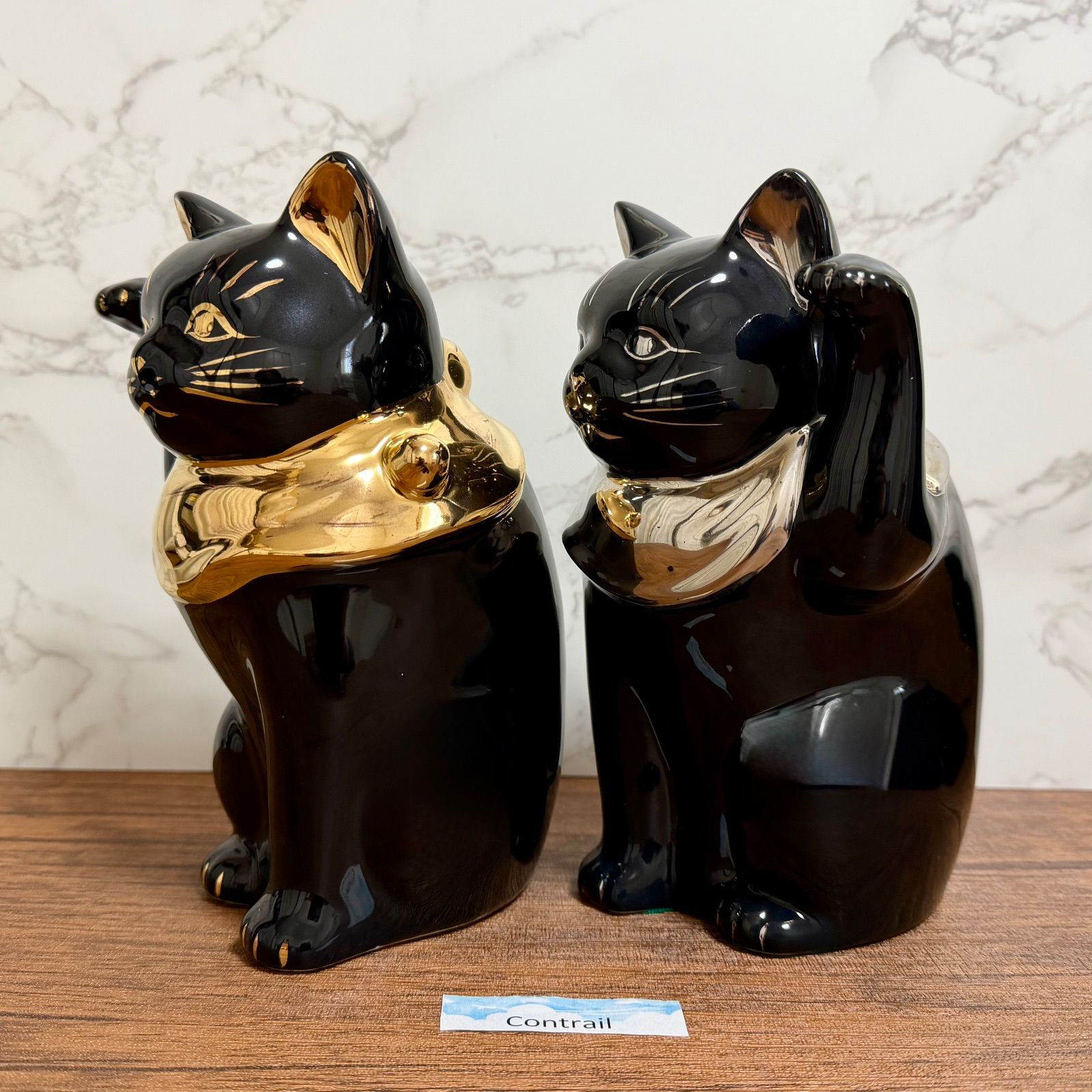 瀬戸焼】招き猫 江戸猫 ブラック 金 プラチナ 左右 セット18cm 縁起物