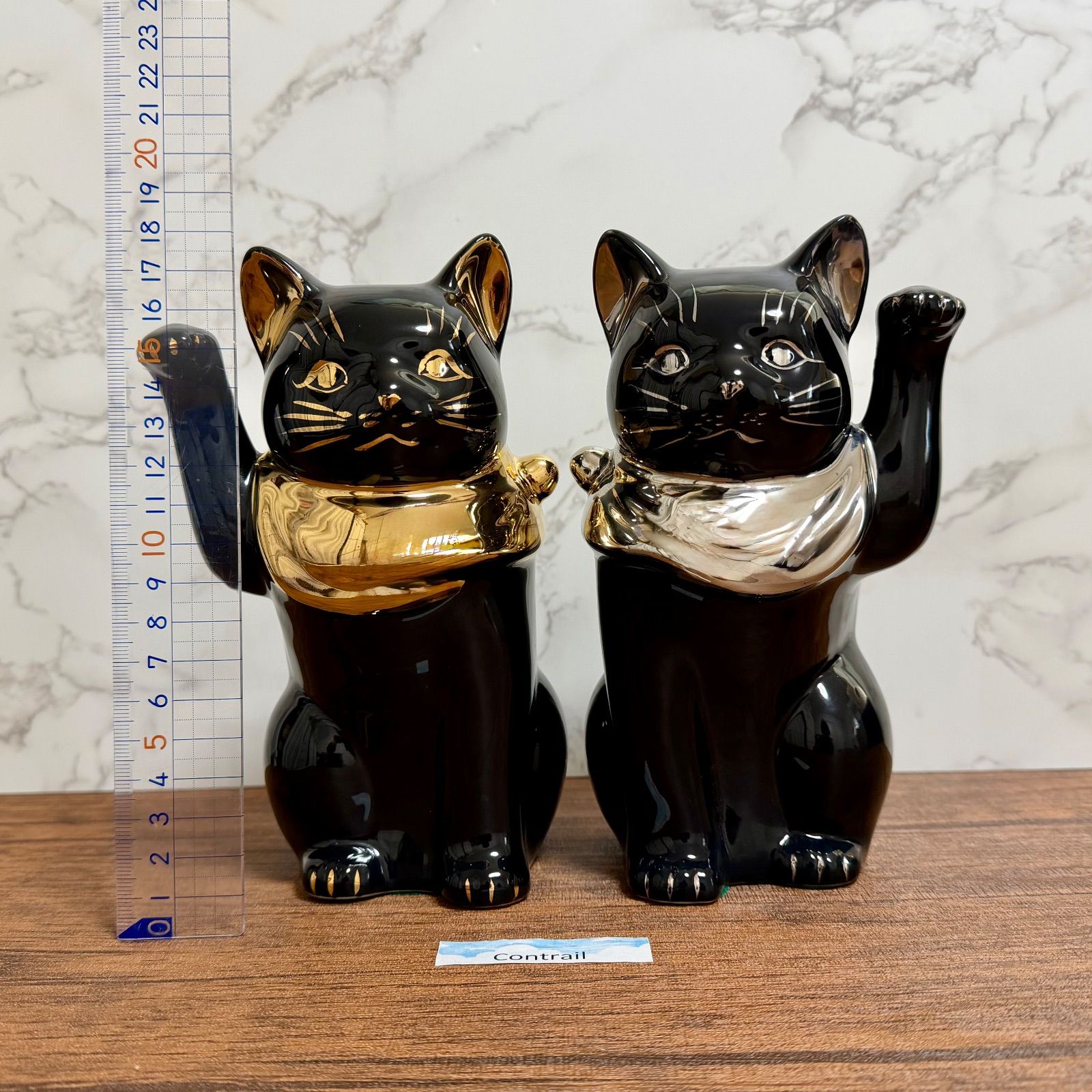 瀬戸焼】招き猫 江戸猫 ブラック 金 プラチナ 左右 セット18cm 縁起物