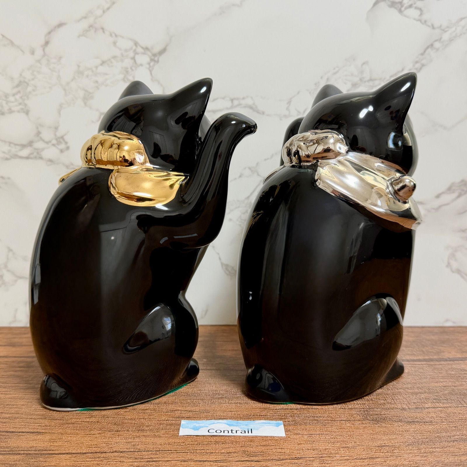 瀬戸焼】招き猫 江戸猫 ブラック 金 プラチナ 左右 セット18cm 縁起物