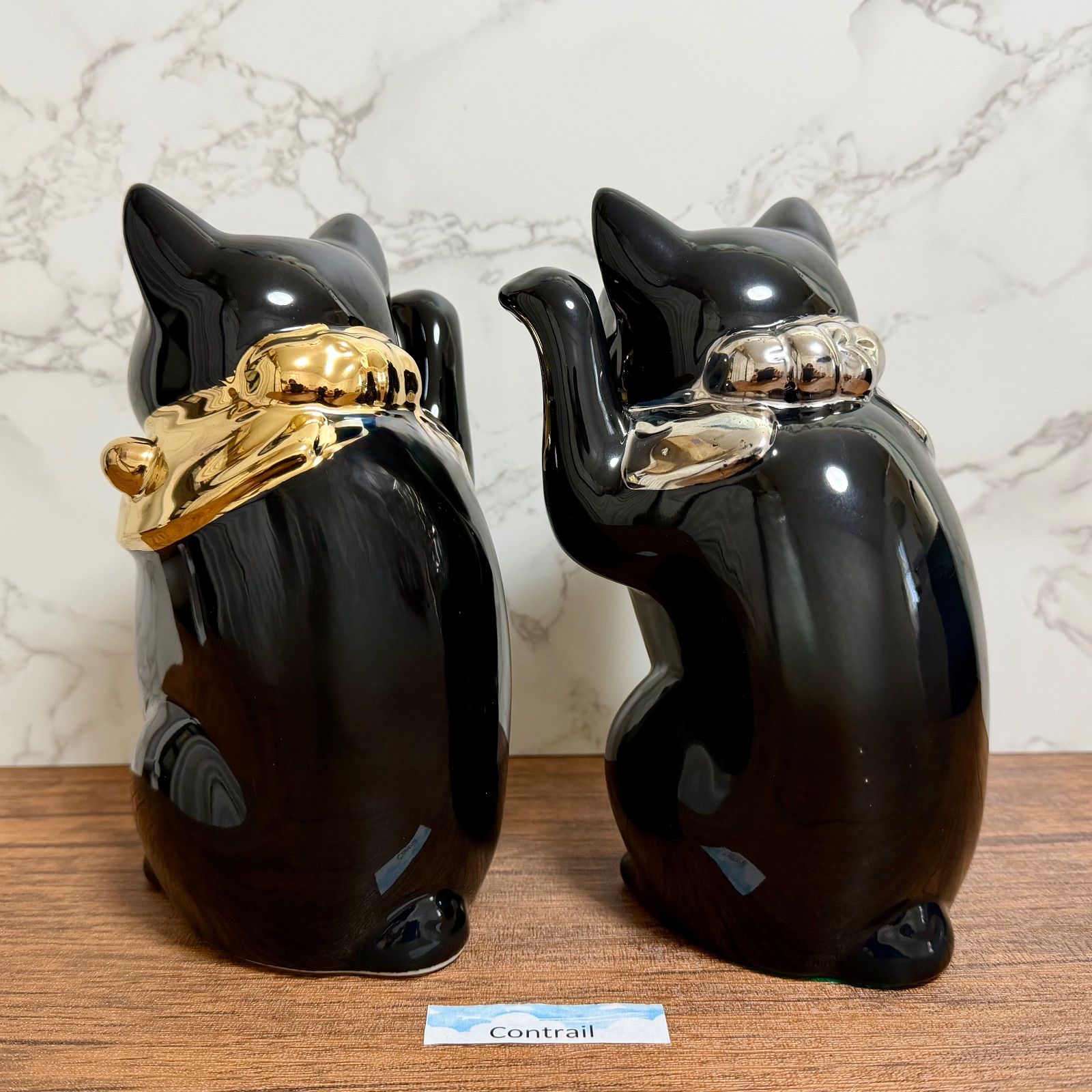 瀬戸焼】招き猫 江戸猫 ブラック 金 プラチナ 左右 セット18cm 縁起物