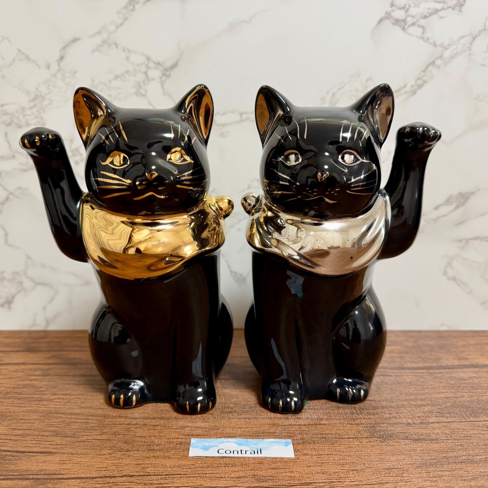 瀬戸焼】招き猫 江戸猫 ブラック 金 プラチナ 左右 セット18cm 縁起物