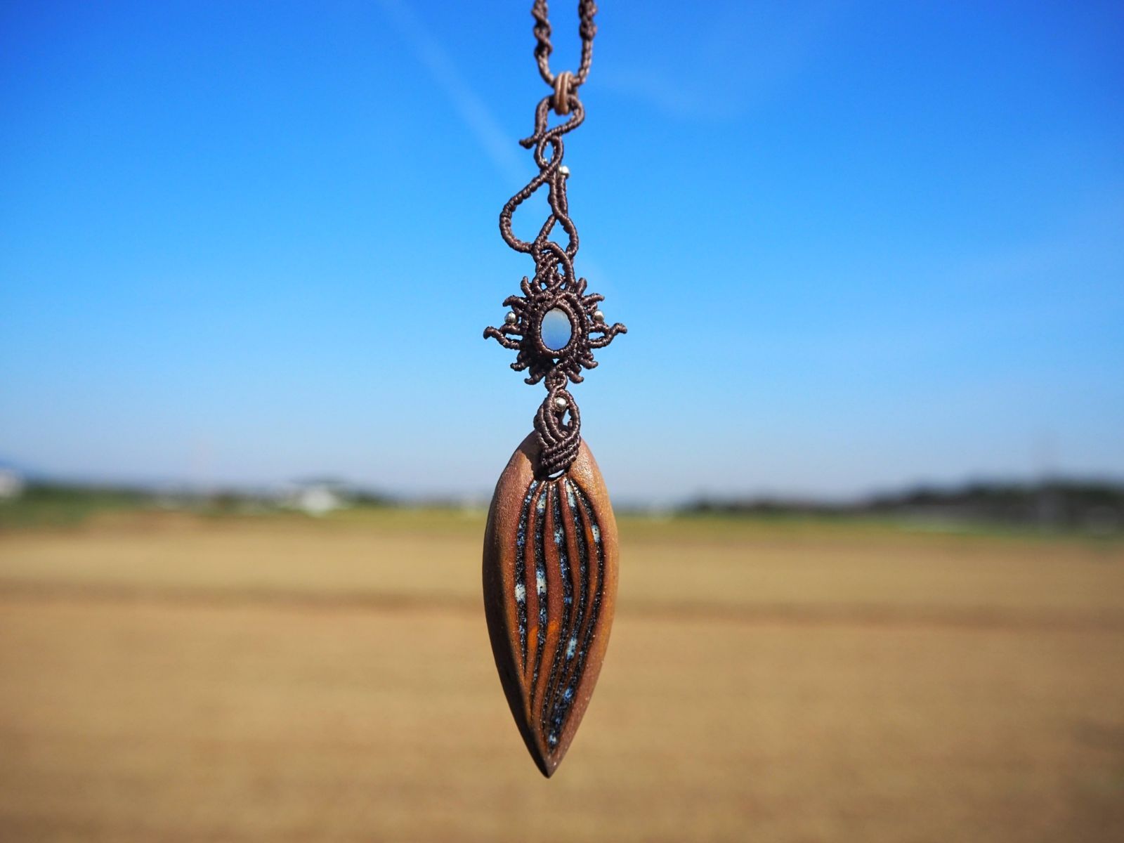 天然石 マクラメ編み ネックレス スモーキークォーツ 縄文陶パーツ