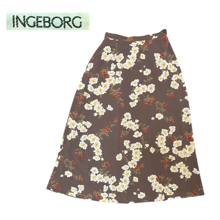 INGEBORG インゲボルグ 花柄 フレアスカート ロングスカート ブラウン