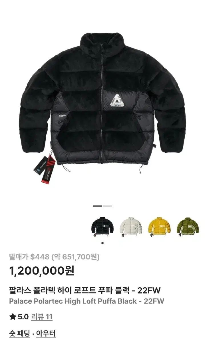 パレス ポーラテック タートルネック ハイ ロフト パファー ブラック 22 fw