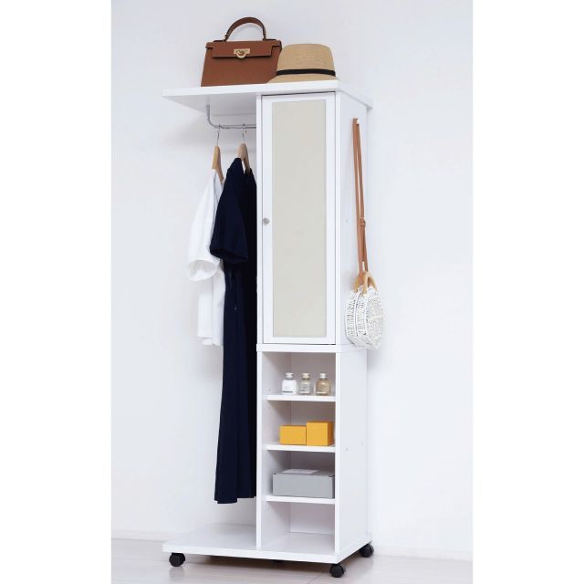 日本製 ミラー付ハンガーラック ホワイト 幅60cm 奥行40cm 高さ156cm