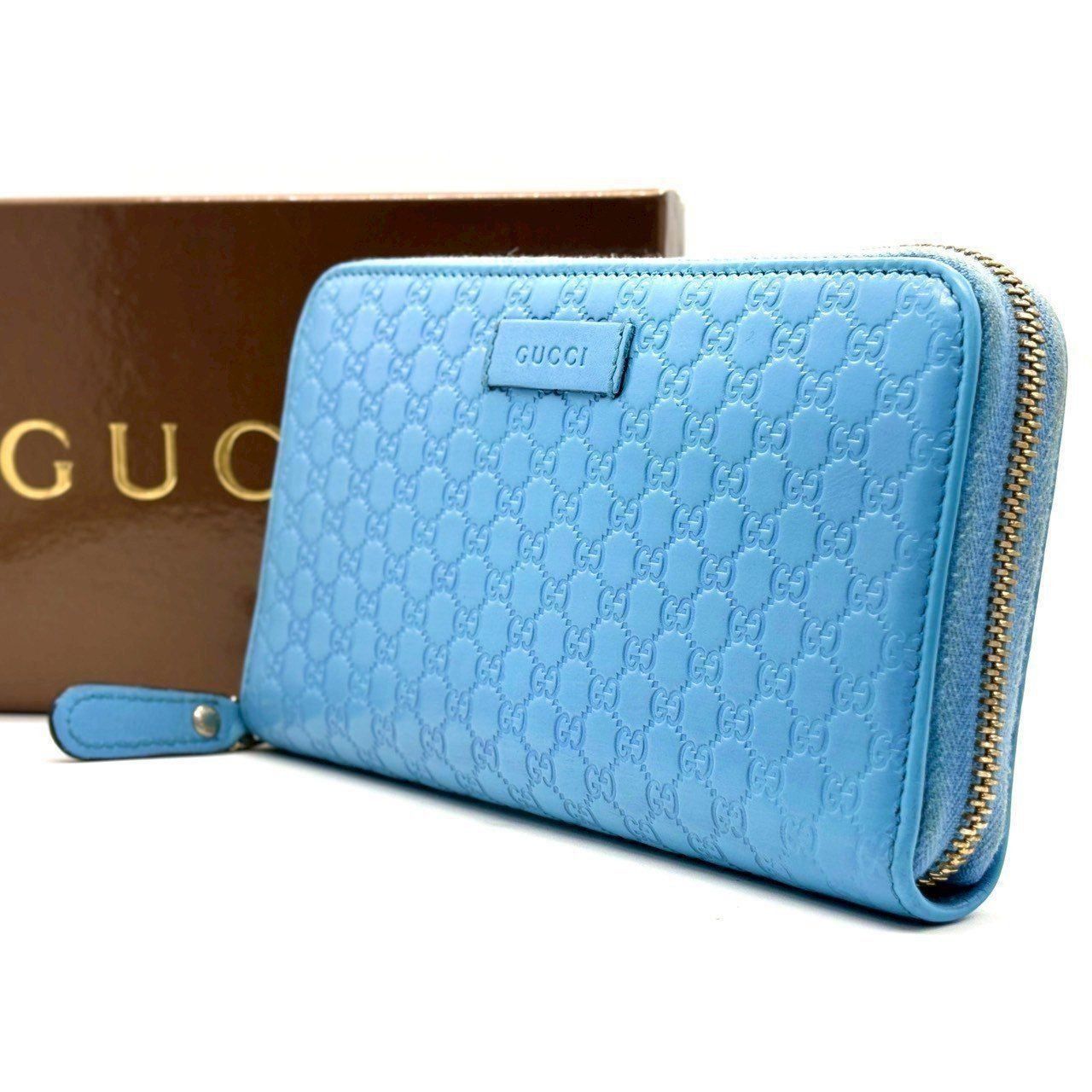 私の空色 GUCCI グッチシマ 長財布 ラウンドファスナー カーフレザー 12カード マイクロシマ レディース 青