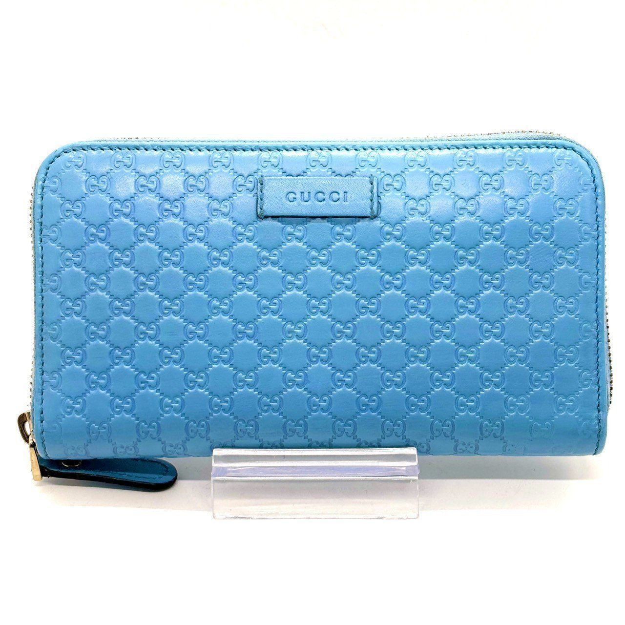 私の空色 GUCCI グッチシマ 長財布 ラウンドファスナー カーフレザー 12カード マイクロシマ レディース 青